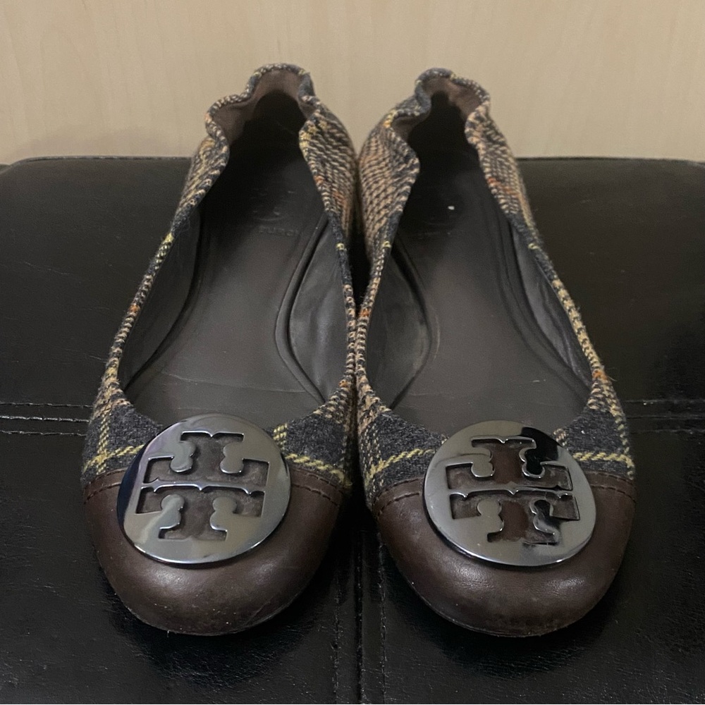 Tory Burch Brown Plaid Reva Logo Ballet Flats